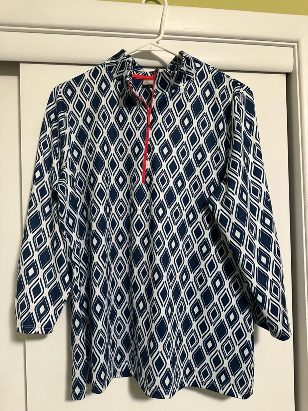 Chico's Navy/White Zenergy Diamond Print Button-Down Shirt with a half Zip